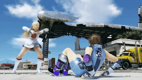 a girl in a white dress is kicking a man in a blue outfit