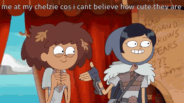 two cartoon characters are standing next to each other with the words me at my chelzie cos i cant believe how cute they are