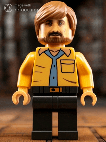 a lego man with a beard and a yellow shirt is made with the reface app