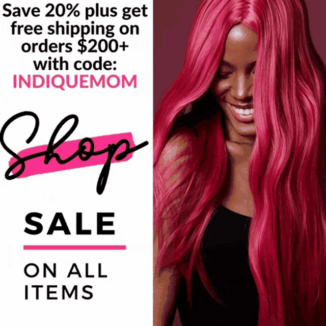 a woman with long pink hair is smiling next to a sign that says shop sale