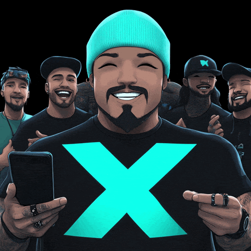 a group of men are posing for a picture and one of them has a blue x on his shirt