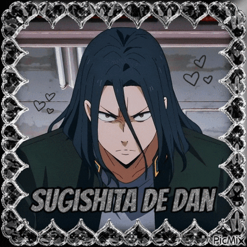 a picture of a man with long hair and the name sugishita de dan