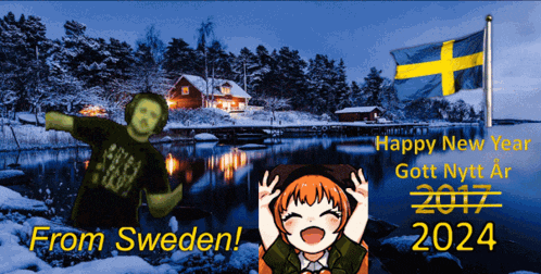 a happy new year greeting from sweden with a girl and a boy