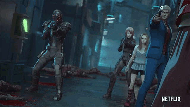 a netflix ad shows a man holding a gun and a woman holding a sword