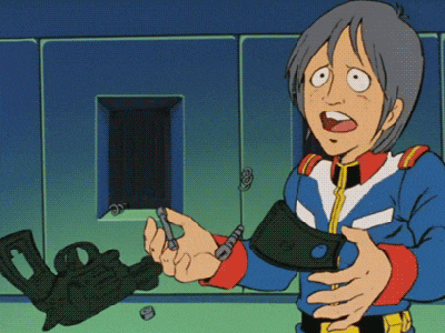 a cartoon character with a surprised look on his face holds a gun