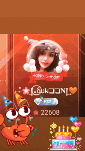 a happy birthday card with a picture of a girl and a crab