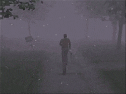 a man is walking down a foggy road with trees in the background