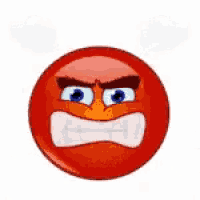 a red smiley face with a very angry look on his face