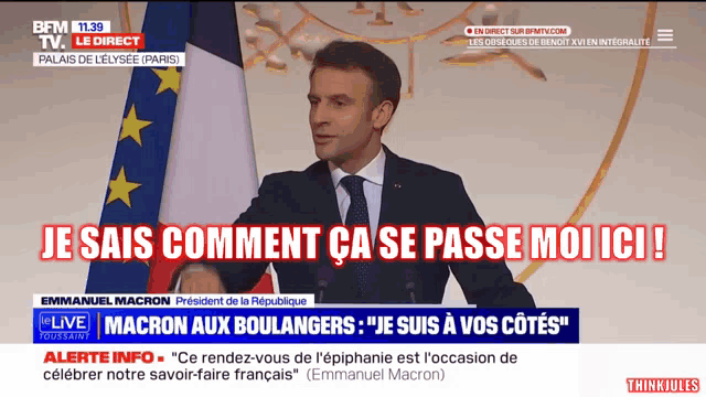 a man in a suit and tie is giving a speech in front of a flag and says je sais comment ca se passe moi ici