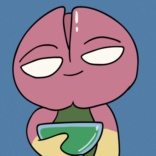 a pink cartoon character is drinking from a green glass