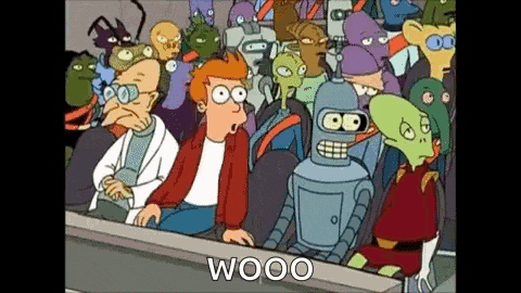 a group of cartoon characters are sitting in a stadium watching a game and one of them is a robot .