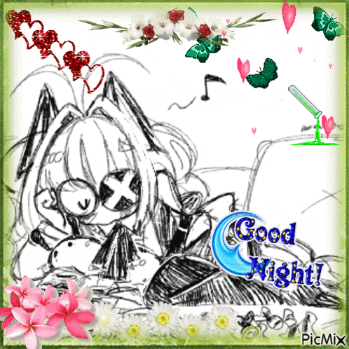 a black and white drawing of a girl with the words good night on the bottom
