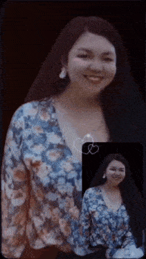 a woman in a blue floral shirt is smiling and has a picture of herself next to her .