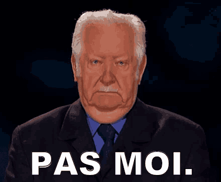 an elderly man in a suit and tie says pas moi