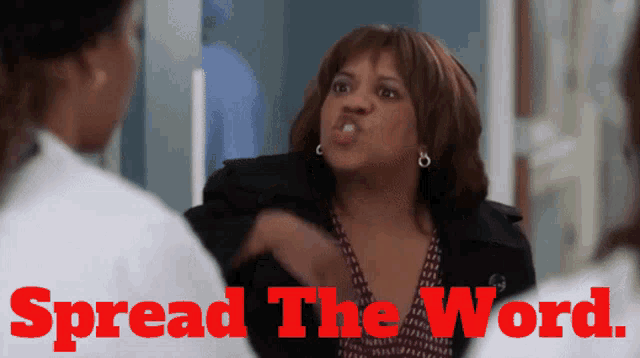 a woman making a funny face with the words spread the word above her