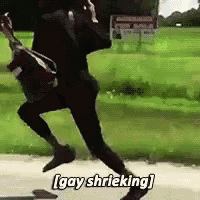 a man is running down a street with the words `` gay shrieking '' written on the bottom of the image .