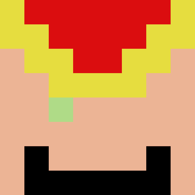 a pixel art drawing of a man 's face with a red hat and yellow hair .