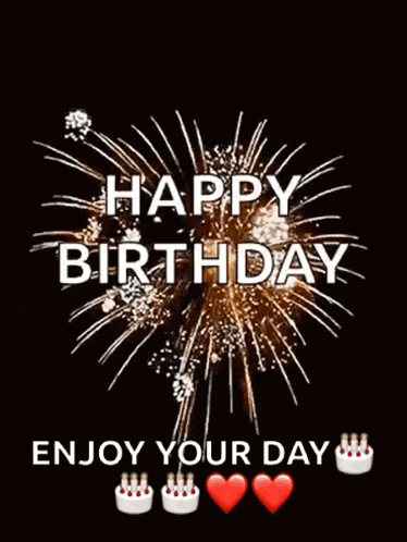 a happy birthday card with fireworks and a cake