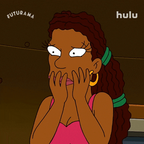 a cartoon of a woman with a surprised look on her face and the words futurama and hulu behind her