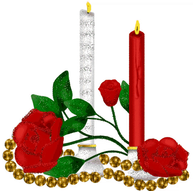a couple of candles with red roses and gold beads on a white background