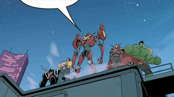 a group of cartoon characters standing on top of a building with a speech bubble that says " i 'm sorry "