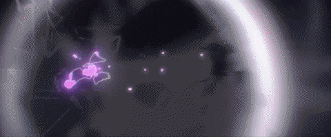 a purple lightning bolt is coming out of a sphere in a dark room .