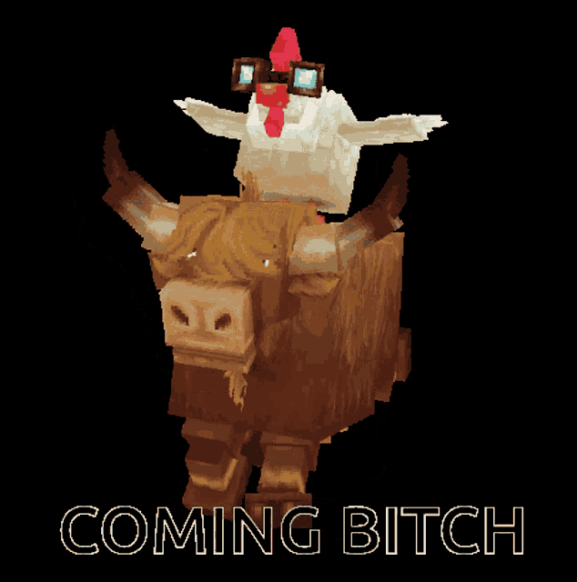 a pixel art of a chicken riding a bull with the words coming bitch written below it