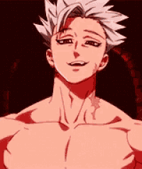 a shirtless anime character with white hair and a tattoo on his chest is smiling .