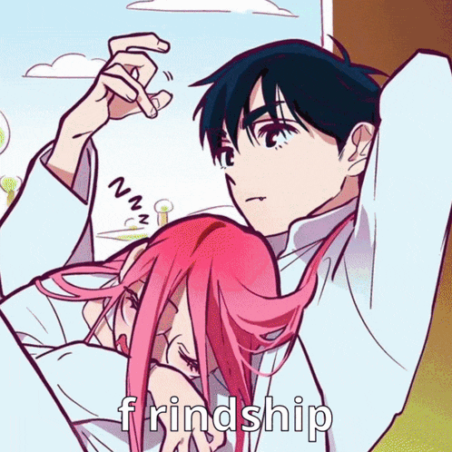 a girl with pink hair is laying on a man 's lap and the word friendship is on the bottom right