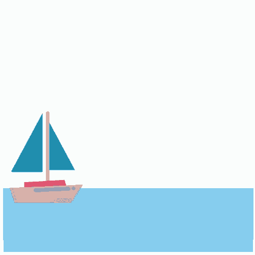an illustration of a sailboat in the ocean with an orange sun in the background