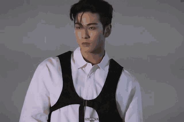 a man wearing a white shirt and a black vest with the word pawfect on it