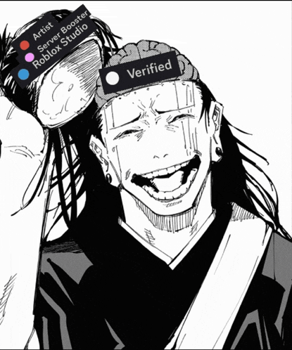 a black and white drawing of a person with a verified label on their head
