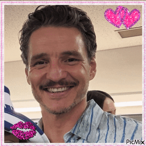 a man with a mustache is smiling in a picture with hearts and a kiss on his lips