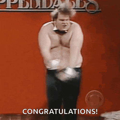 a shirtless man is dancing in front of a sign that says congratulations !