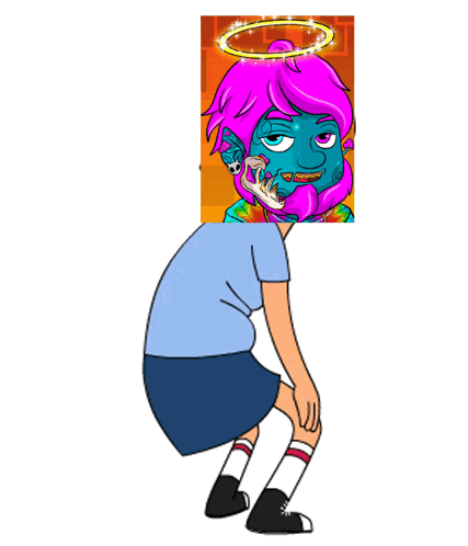 a cartoon character with purple hair and a halo around his head