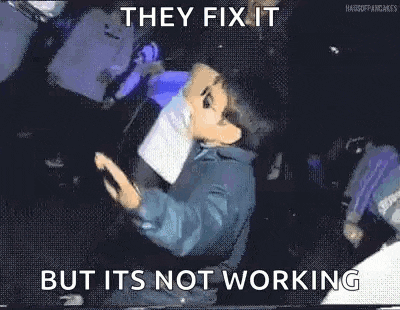 a man is dancing in a club with the words `` they fix it but it 's not working '' written below him .