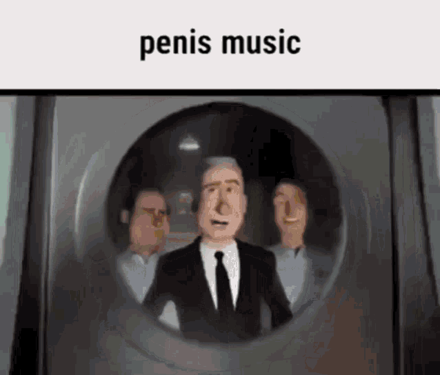 a cartoon of a man in a suit and tie standing in front of a window with the words penis music written above him .