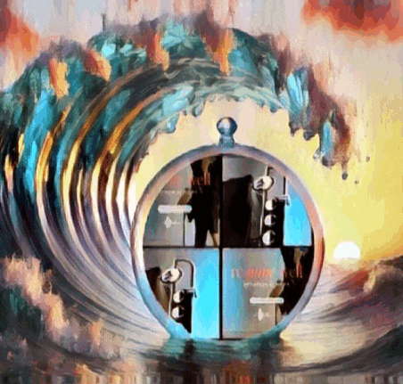a painting of a wave with a clock in the middle that says tv guide