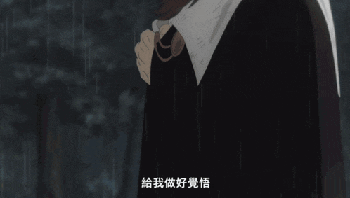 a man in a white coat with a black cape is walking in the rain