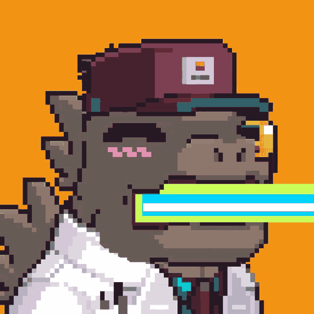 a pixel art drawing of a gorilla wearing a hat with the letter g on it