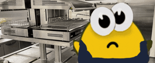 a yellow cartoon character with big eyes stands in front of a stainless steel appliance that says hitouch
