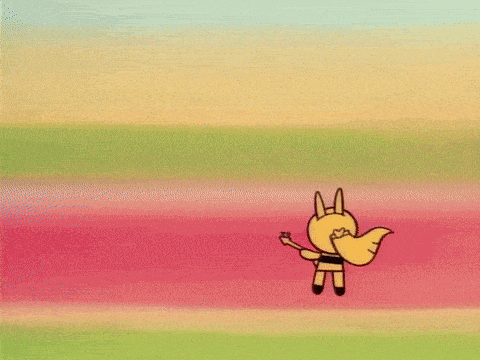 a red cartoon character is holding a guitar in front of a colorful background