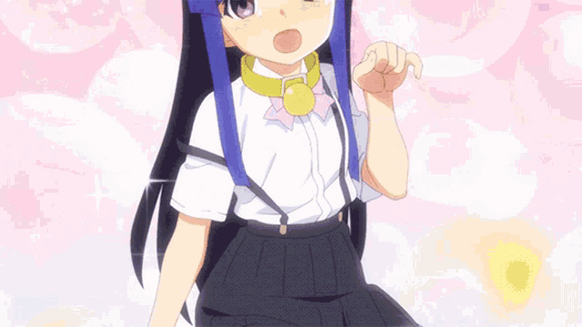 a girl with blue hair and a cat ear on her head