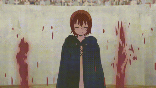 a girl in a black cape is standing in front of a wall that has blood coming out of it