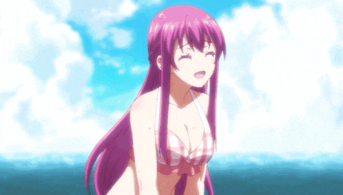 a girl with purple hair is standing in the water