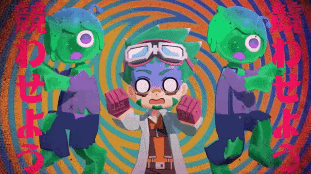 a cartoon character with green hair and goggles is surrounded by two zombies .