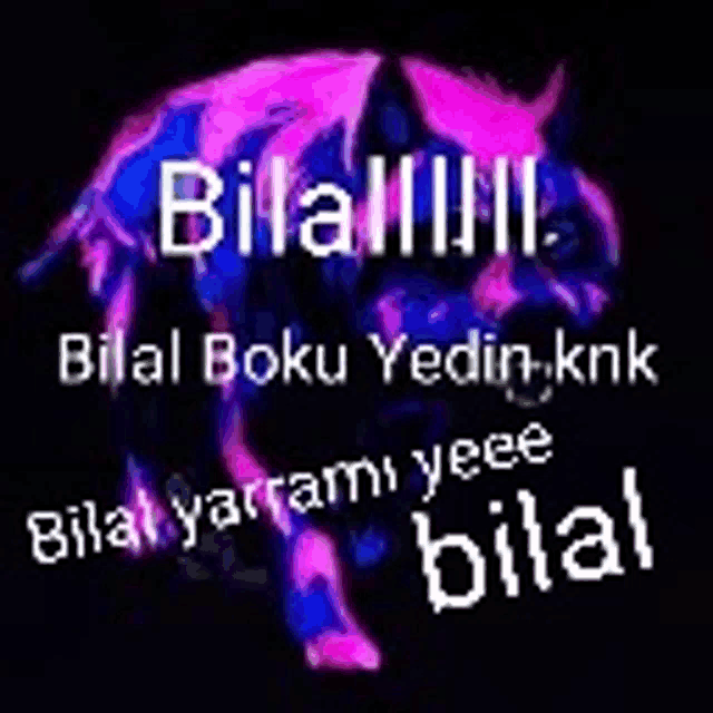 a picture of a purple wolf with the words `` bilal boku yedin , knk '' written on it .