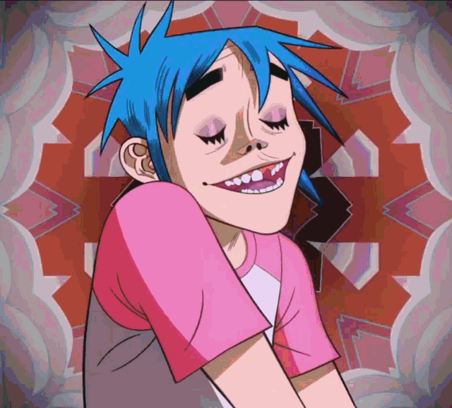 a cartoon character with blue hair and a pink shirt smiles