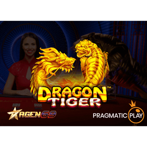 a woman sits at a table in front of a dragon tiger advertisement