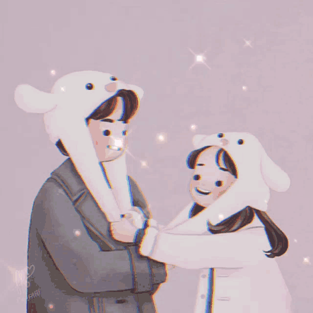 a drawing of a man and a woman with bunny hats on their heads